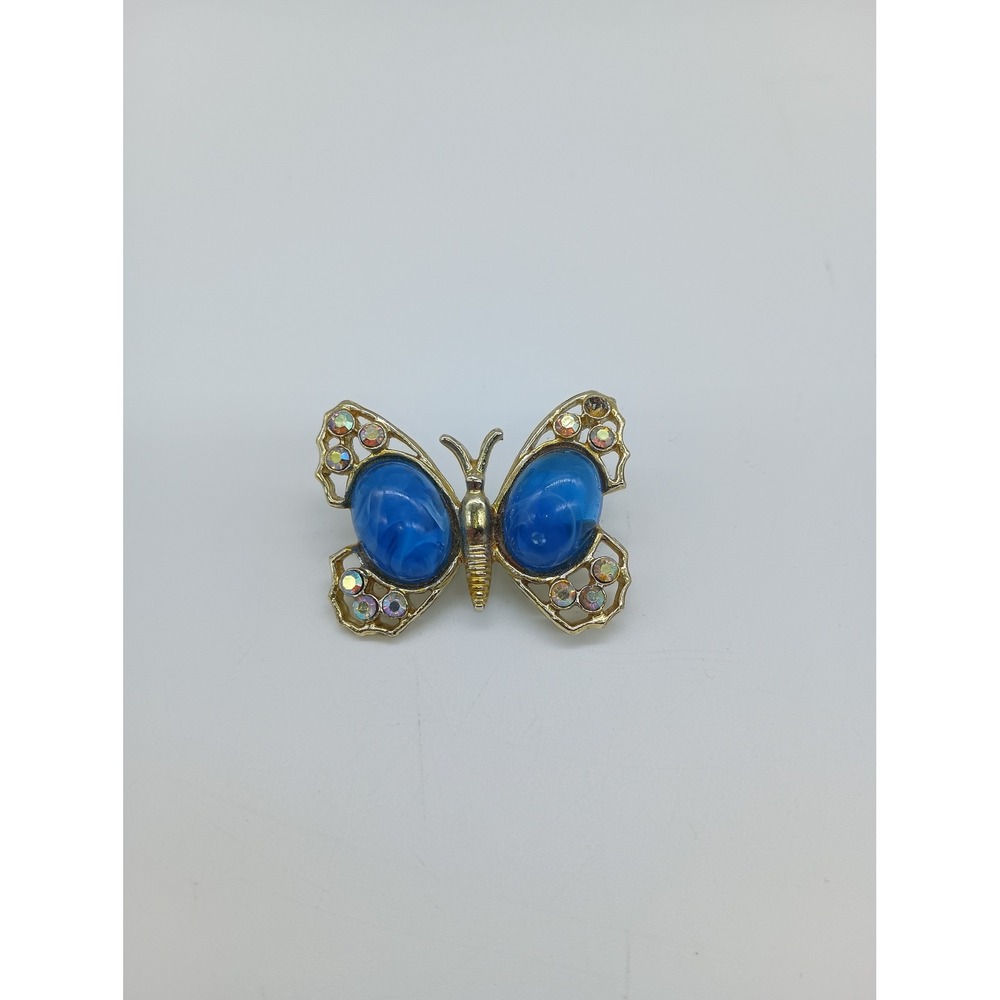 Vintage Gold Tone Blue Cabochon Butterfly Brooch with AB Rhinestones